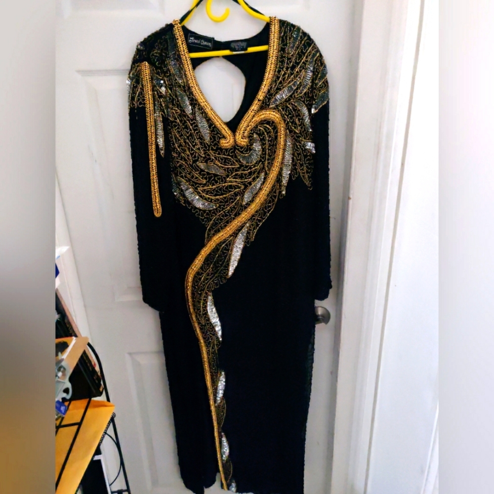 Vtg Jewel Queen Black and Gold Silk Sequin Beaded Cocktail Party Dress size xl